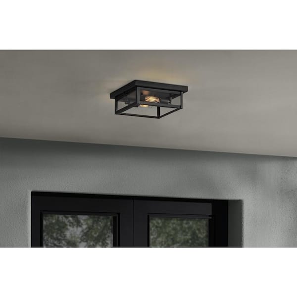 Porter Hills 2-Light Matte Black Outdoor Ceiling Light Flush Mount Light with Clear Glass, No Bulbs Included