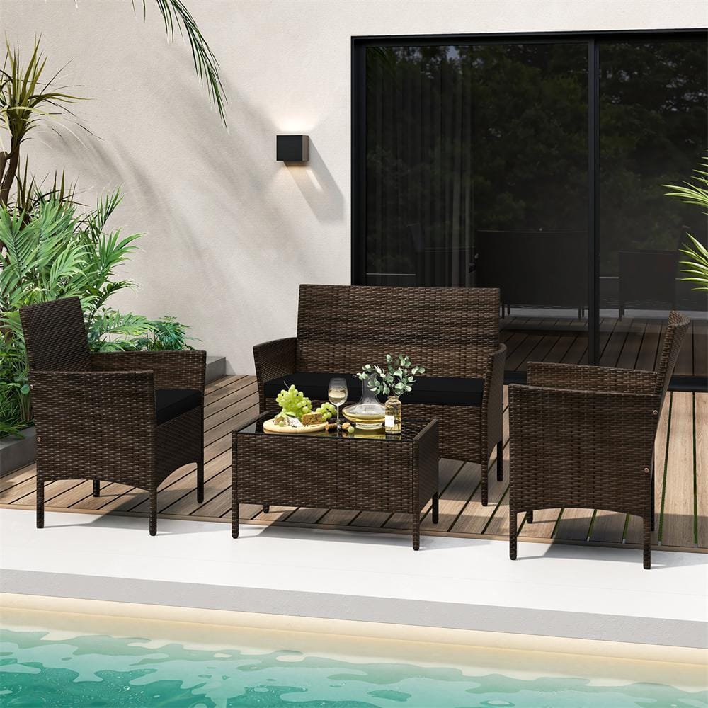 4-Piece Wicker Patio Conversation Set with Chair Loveseat and Tempered Glass Table Black Cushions price history on PriceWatchPro