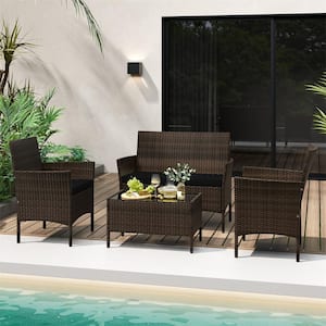 4-Piece Wicker Patio Conversation Set with Chair Loveseat and Tempered Glass Table Black Cushions