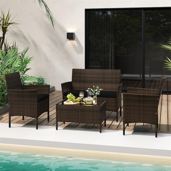 HONEY JOY 4-Piece Wicker Patio Conversation Set with Chair Loveseat and Tempered Glass Table Black Cushions