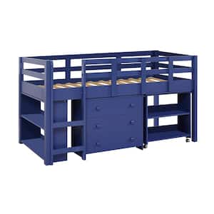 Navy Twin Loft Bed with Desk, Low Study Kids Loft Bed, Low Loft Bed with Desk, Storage Cabinet, Ladder, Bookcase Shelf