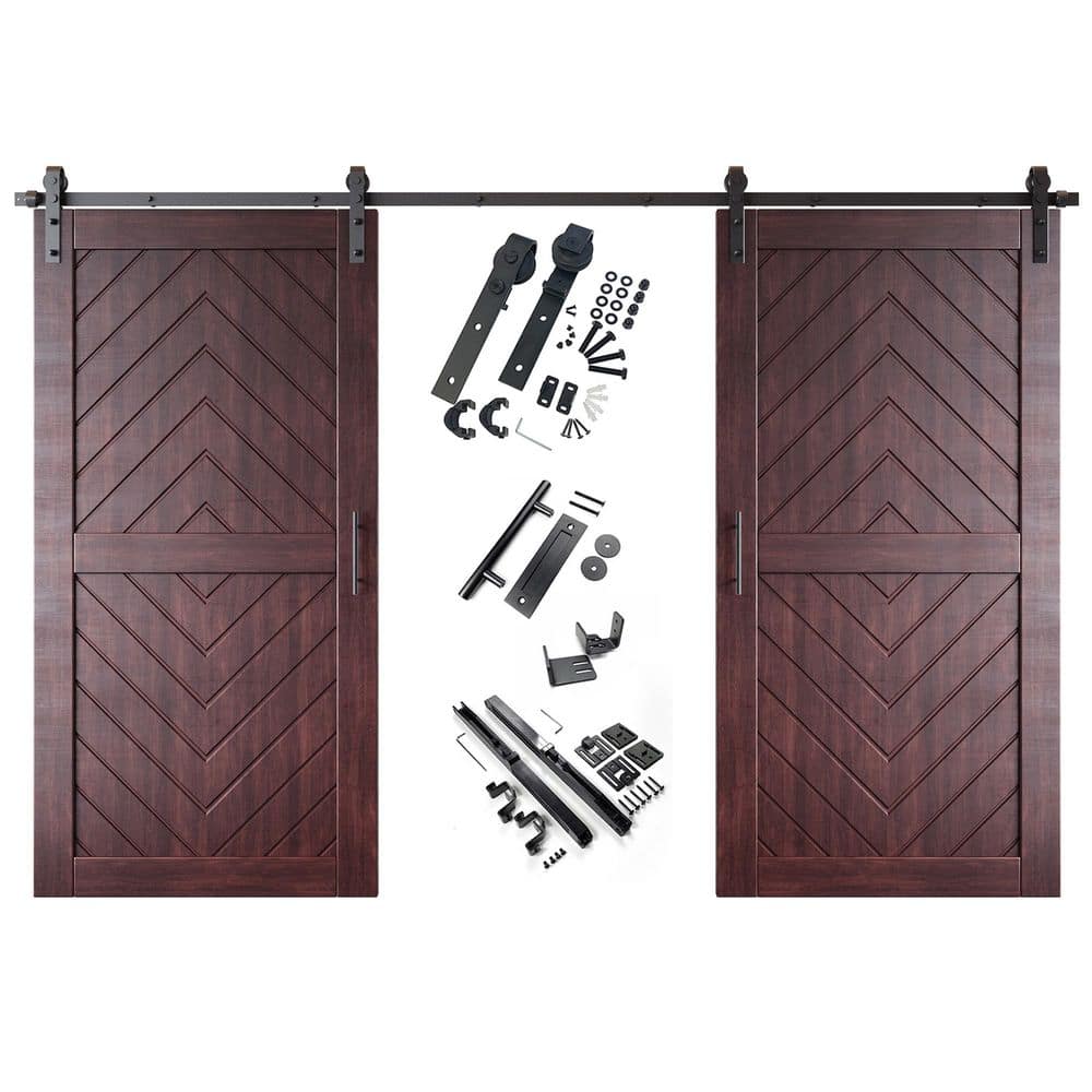 JT2 40 in. x 80 in. C-Panel Red Mahogany Fishbone Design Double Pine Wood Sliding Barn Door with Hardware Kit price history on PriceWatchPro