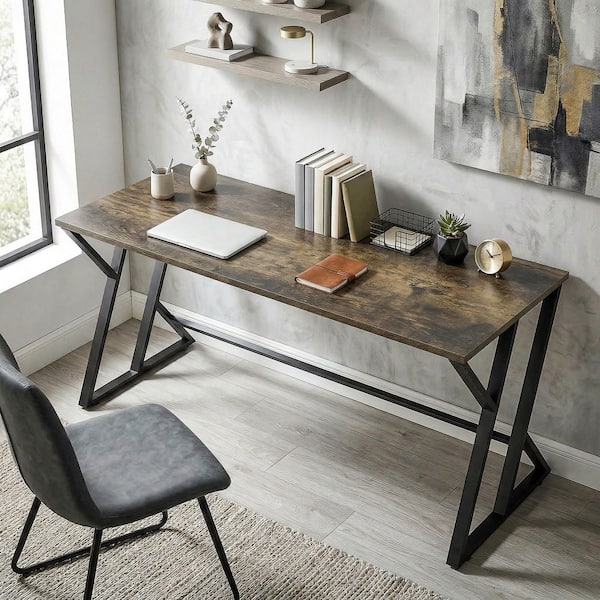 ヴィンテージ　コンソールデスク HOMCOM 55 in. Rustic Brown Rectangular Wood Top Console Table with