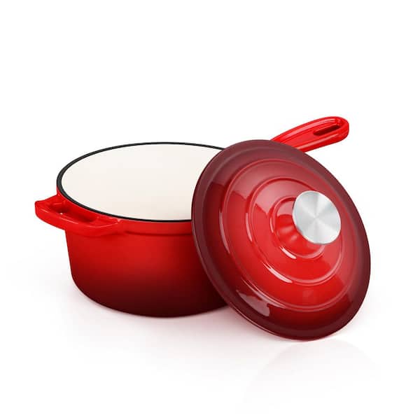 Enameled Cast Iron Sauce Pan with Lid, 1 Quart Dutch Oven, Mini Sauce Pot for Cooking, Induction and Oven Safe, Red