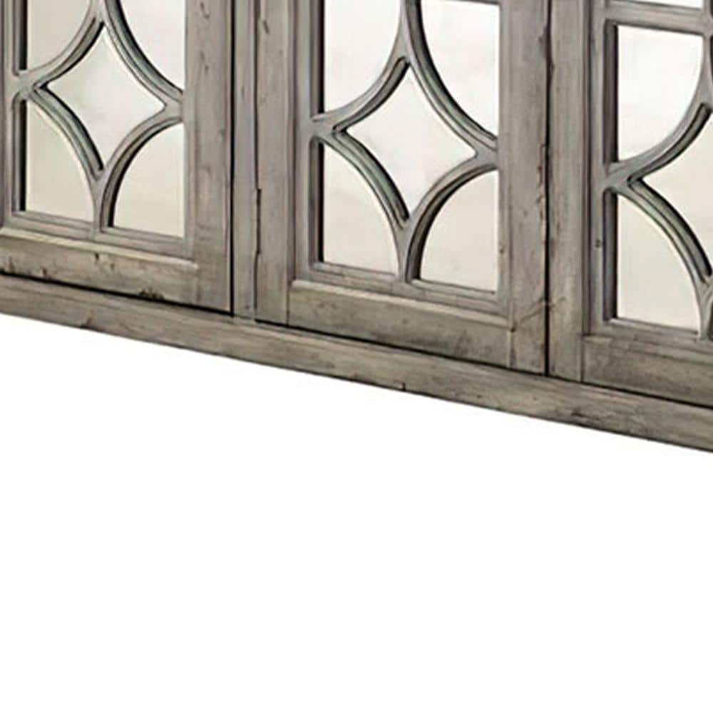 Velika Weathered Gray Wooden Console Table with Mirrored Doors