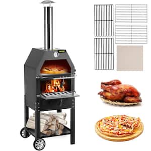 Pizza Oven 12 in. Removable Wheels 2-Layer Charcoal Burning Outdoor Pizza Oven with Pizza Stone for Barbecue in Black