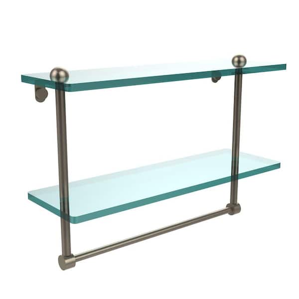 Allied Brass 16 in. L x 12 in. H x 5 in. W 2-Tier Clear Glass Bathroom Shelf with Towel Bar in Antique Pewter