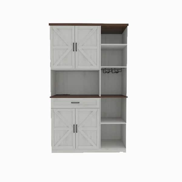 Cesicia Antique White Wood 41 in. W Farmhouse Kitchen Pantry Cabinet with 1 Drawer, 1 Wine Rack, and 5 Storage Shelves