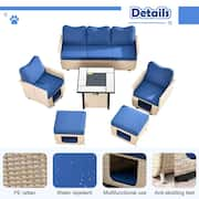 Echo Beige 6-Piece Wicker Outdoor Multi-Functional Patio Conversation Sofa Set with a Fire Pit and Navy Blue Cushions