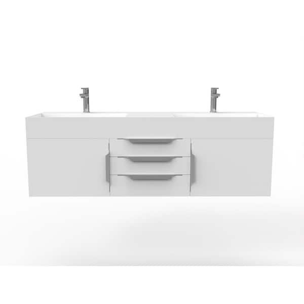 castellousa Maranon 60 in. W x 19 in. D x 19.25 in. H Double Floating Bath Vanity in Matte White with Chrome Trim and White Top