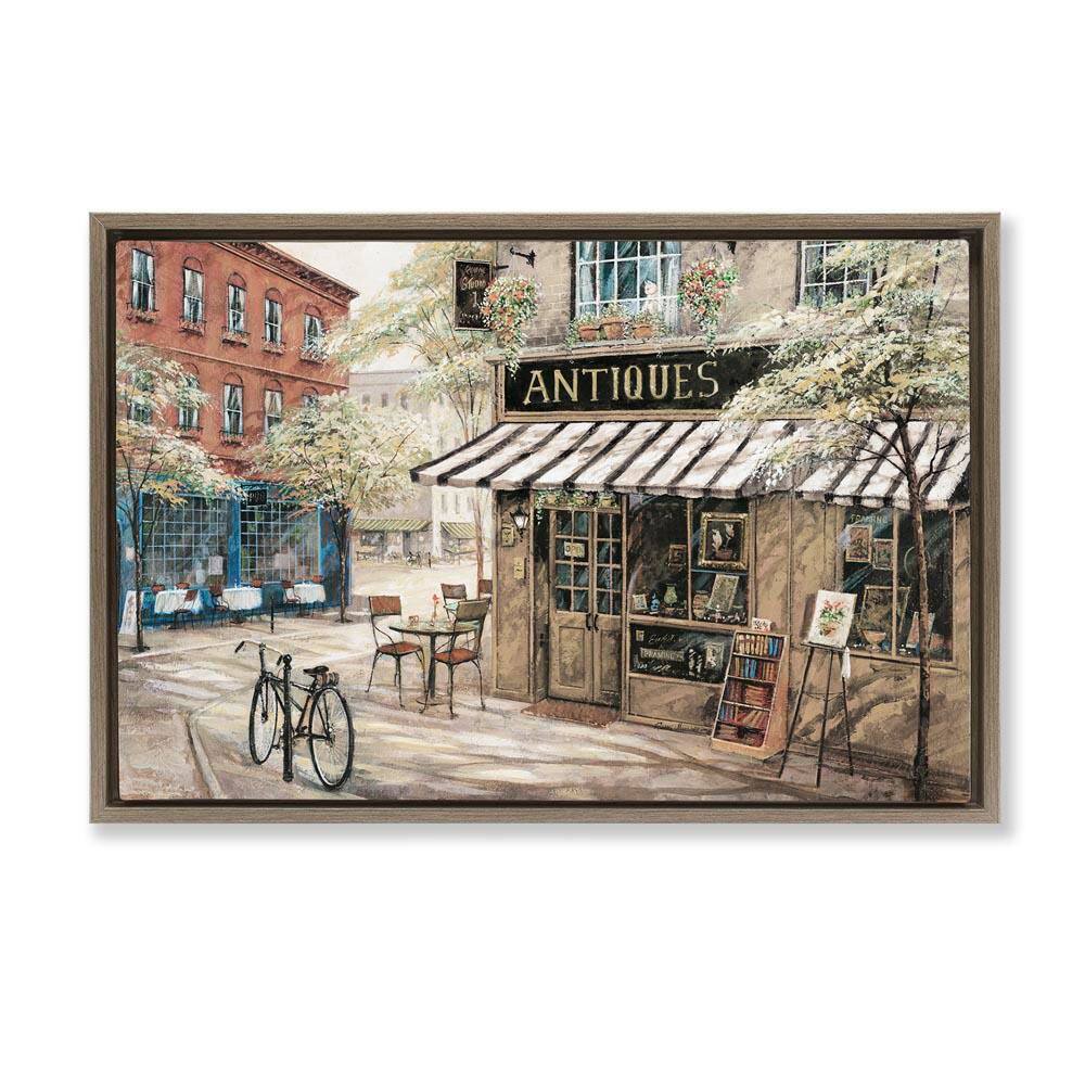 Cozy Town Antiques Shop by Ruane Manning Brown Floater Frame Architecture Graphic Art Print 21 in. x 31 in. price history on PriceWatchPro