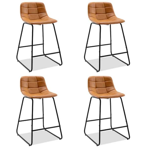 LUE BONA 39.37 in. Whiskey Brown Mid Century Modern Faux Leather Low Back Metal Frame Bar Stools (Set of 4)