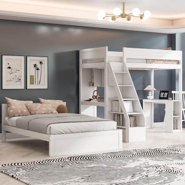 Harper & Bright Designs White Twin XL Over Full Wood Bunk Bed with Desk ...