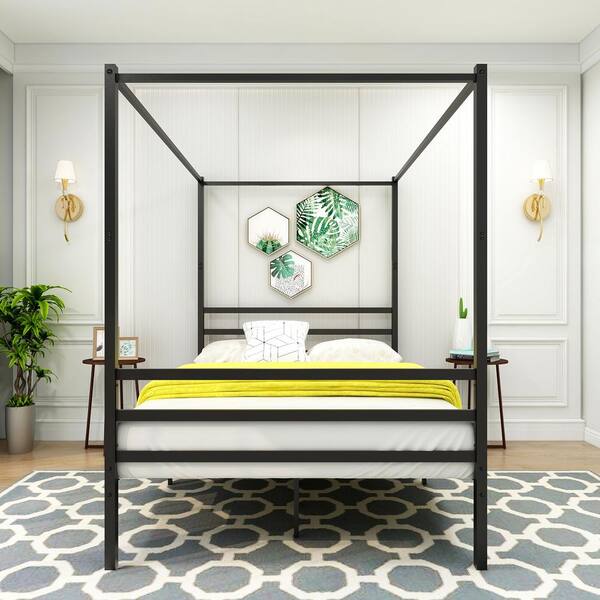 Metal Canopy Bed Frame w Headboard Platform Modern Bedroom Full/Queen/King Sizes 