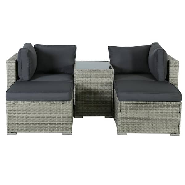 Sudzendf 5-Piece Gray Wicker Patio Conversation Set, Sofa Set and Coffee Table with Gray Cushions