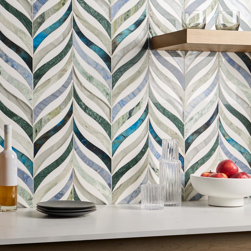 Verde Azul Green Polished Marble and Glass Mosaic Wall Tile
