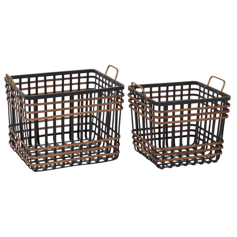 Black and Brown Seagrass Rectangular Storage Baskets with Handles, Set of 2