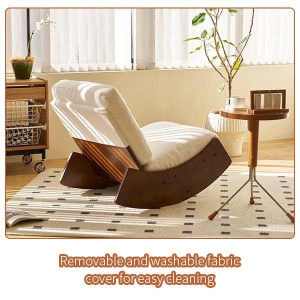 Brown Wood Outdoor Rocking Chair with White Cushions Glider Chair for Accent Reading Chair for Bedroom Living Room