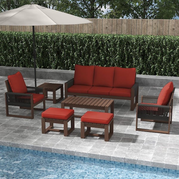 7-Piece Rustic Hemlock Wood Outdoor Patio Conversation Set with Red Cushions