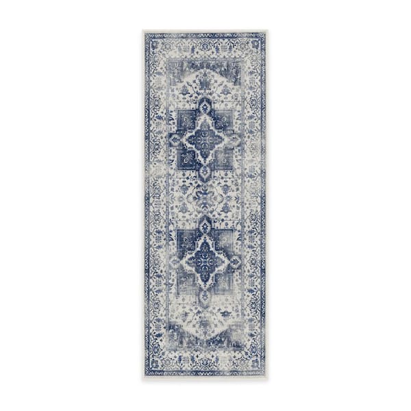 Machine Washable Rug with Standard Pad-Kira Delft Blue 2x7