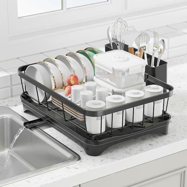 Black Single Layer Dish Rack with Drainboard - Space Saving Kitchen Organizer with Utensil Holder and Cutlery Tray