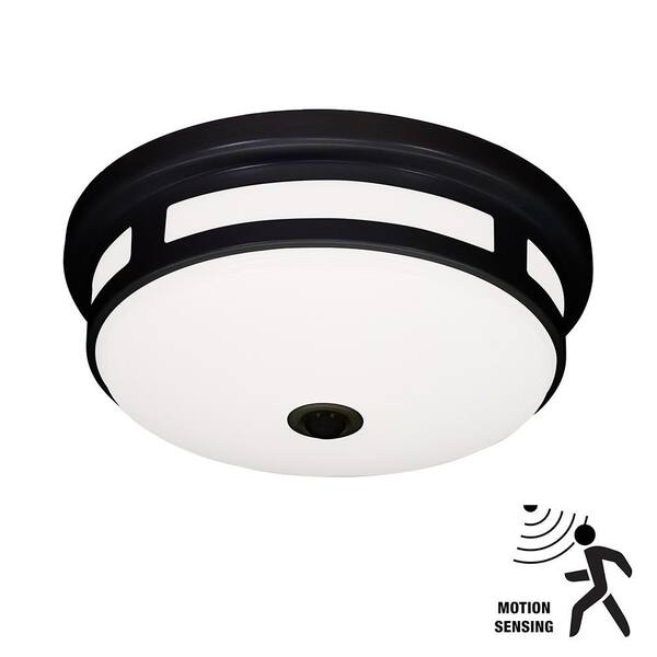 Hampton Bay Greenhaven 11 in. 1-Light Black Motion Sensing LED Outdoor Flush Mount Light Color Selectable Ceiling Light 830 Lumens
