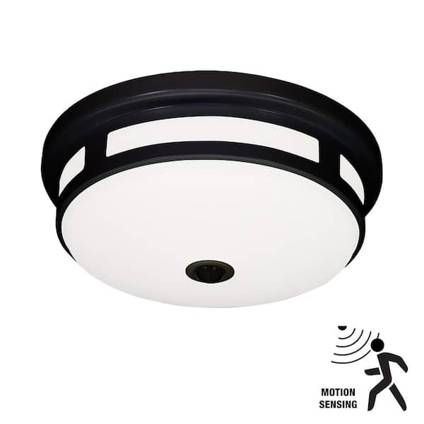 Hampton Bay Greenhaven 11 in. 1-Light Black Motion Sensing LED Outdoor Flush Mount Light Color Selectable Ceiling Light 830 Lumens