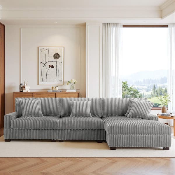 118.31 in. W Modern Square Arm 4-Piece Faux Rabbit Fur Fabric L-Shaped Modular Sectional Sofa in. Light Gray