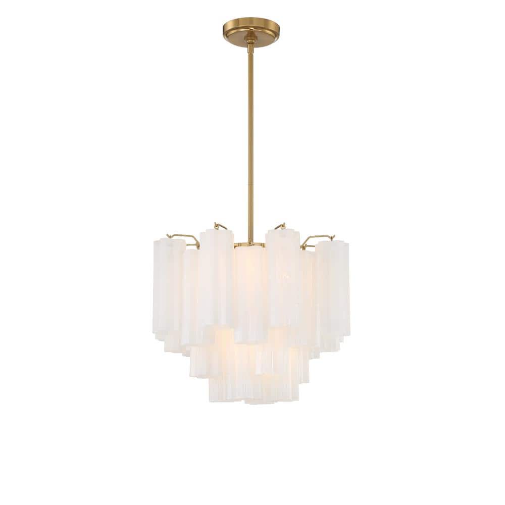 Aged Brass and White Glass 4-Light Chandelier