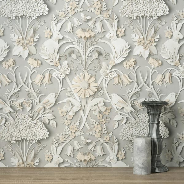 Fae Light Grey Woodland Paper Wallpaper Sample
