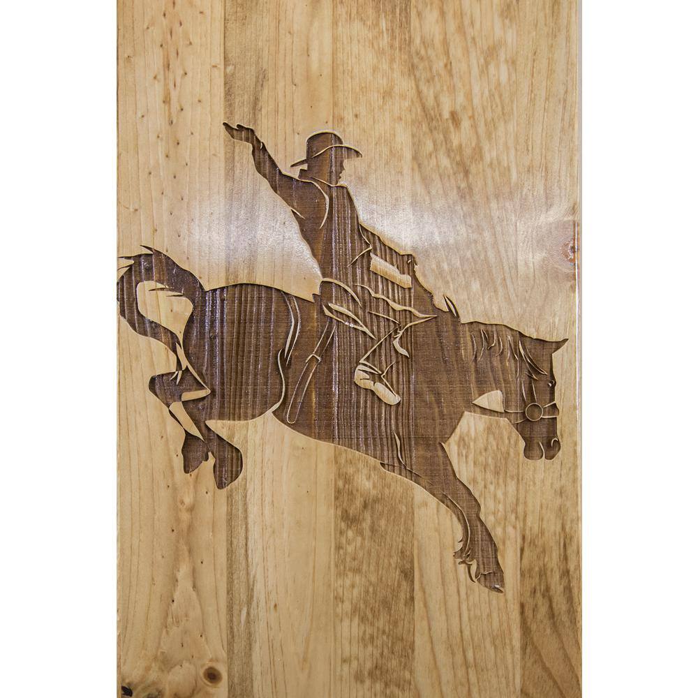 Rustic Full Pine Platform Bed with Laser Engraved Bronc Headboard