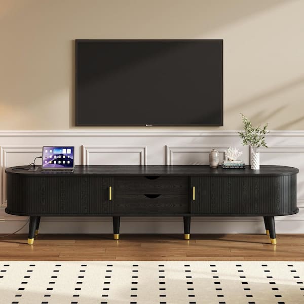 Black Oval Fluted TV Stand Fits TV's up to 80 in. with Charging Station and Drawers