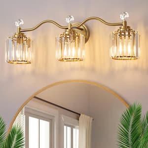 Modern Luxury 26 in. 3-Light Gold Vanity Light with Crystal Shade for Bathroom