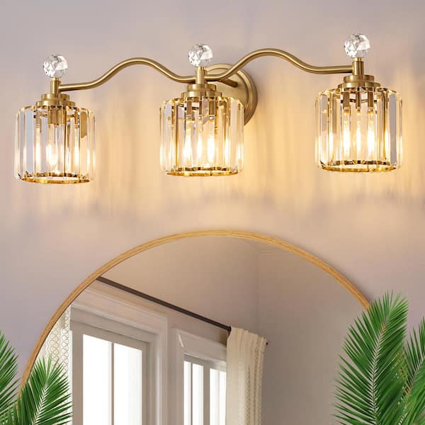 Deyidn Modern Luxury 26 in. 3-Light Gold Vanity Light with Crystal Shade for Bathroom