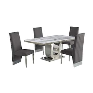 Ada 5-Piece White Marble Top With Stainless Steel Base Table Set With 4 Dark Grey Velvet, Nail Head Trim Chairs