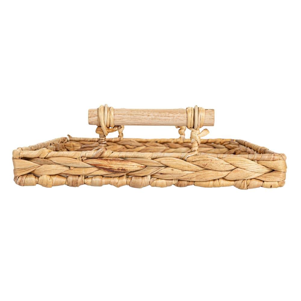 Natural Water Hyacinth Rectangular Tray Set with Wood Handles