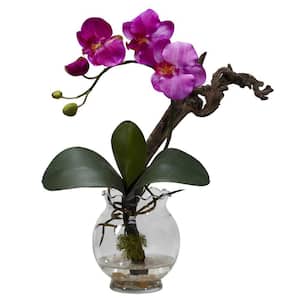 15 in. Artificial H Purple Mini Phalaenopsis with Fluted Vase Silk Flower Arrangement