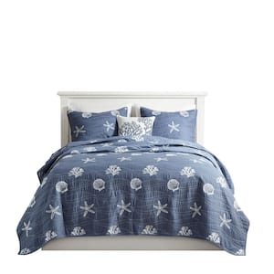 Seaside 4-Piece Navy Cotton Full/Queen Reversible Embroidered Quilt Set with Throw Pillow
