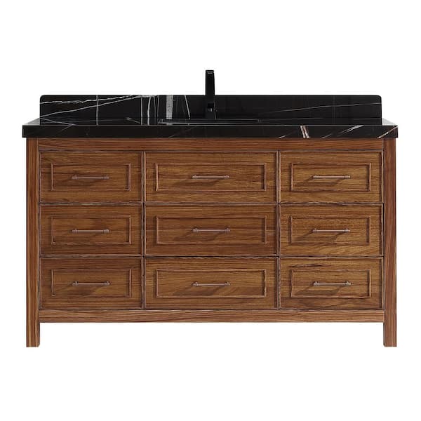Luxury Ebony Series 60 in. 1 Freestanding Light Brown Finish Bath Vanity with 2 in. Black Natural Marble Top Assembled
