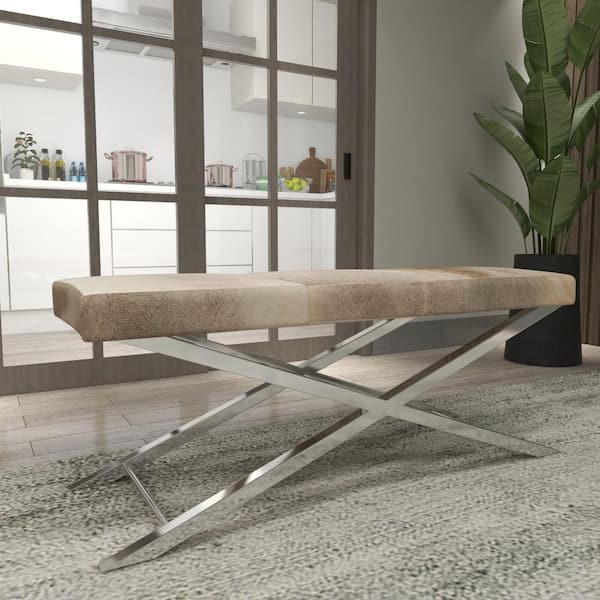 Litton Lane Beige Bench with Hair on Hide Seat 18 in. X 46 in. X 16 in.