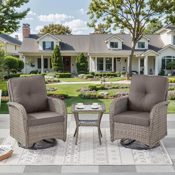 SleekArm Gray 3-Piece Wicker Outdoor Bistro Sets Patio Conversation Set with Gray Cushions and Side Table