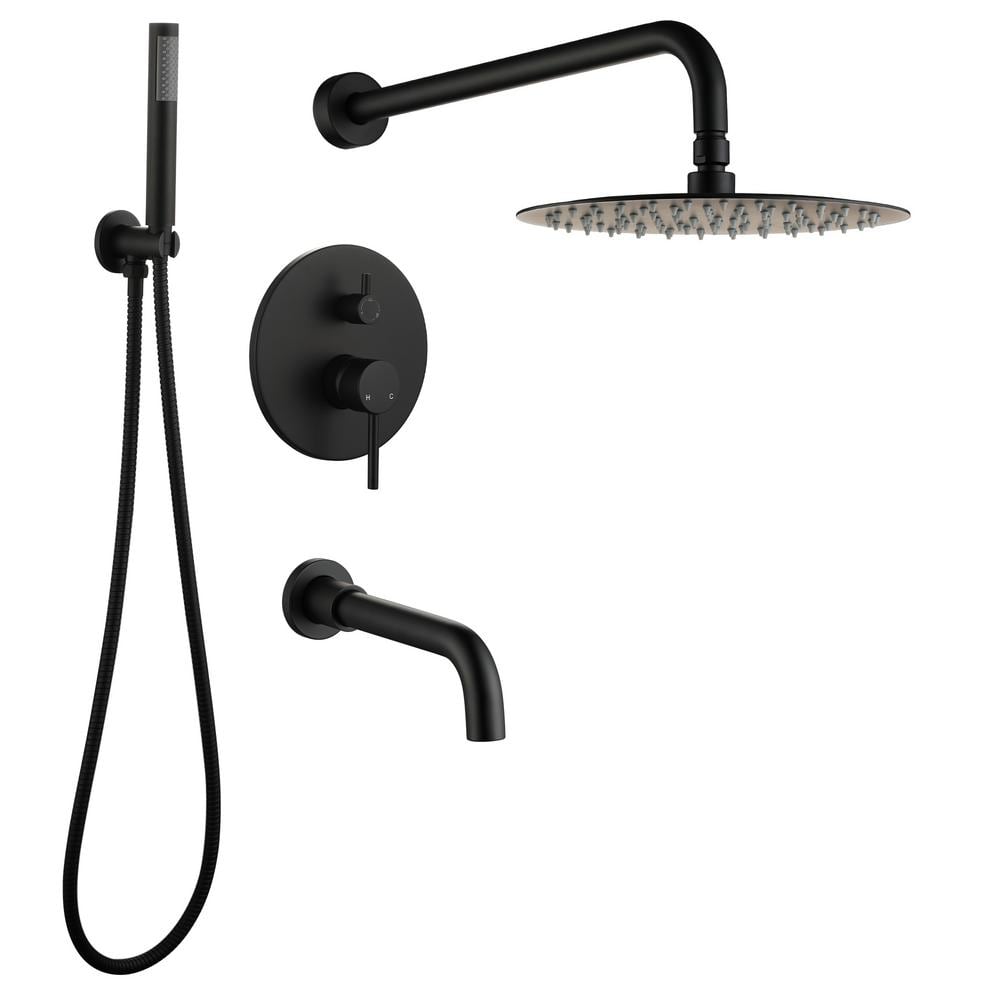 Mondawe 1-Spray 10 in. Round Wall Mount Dual Rain Fixed and Handheld Shower Head 1.8 GPM in Black