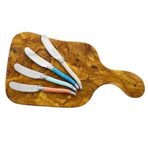 Laguiole 4-Piece Set of Cheese Knives and Spreaders with a 14 in. Olive Wood Cheese Board