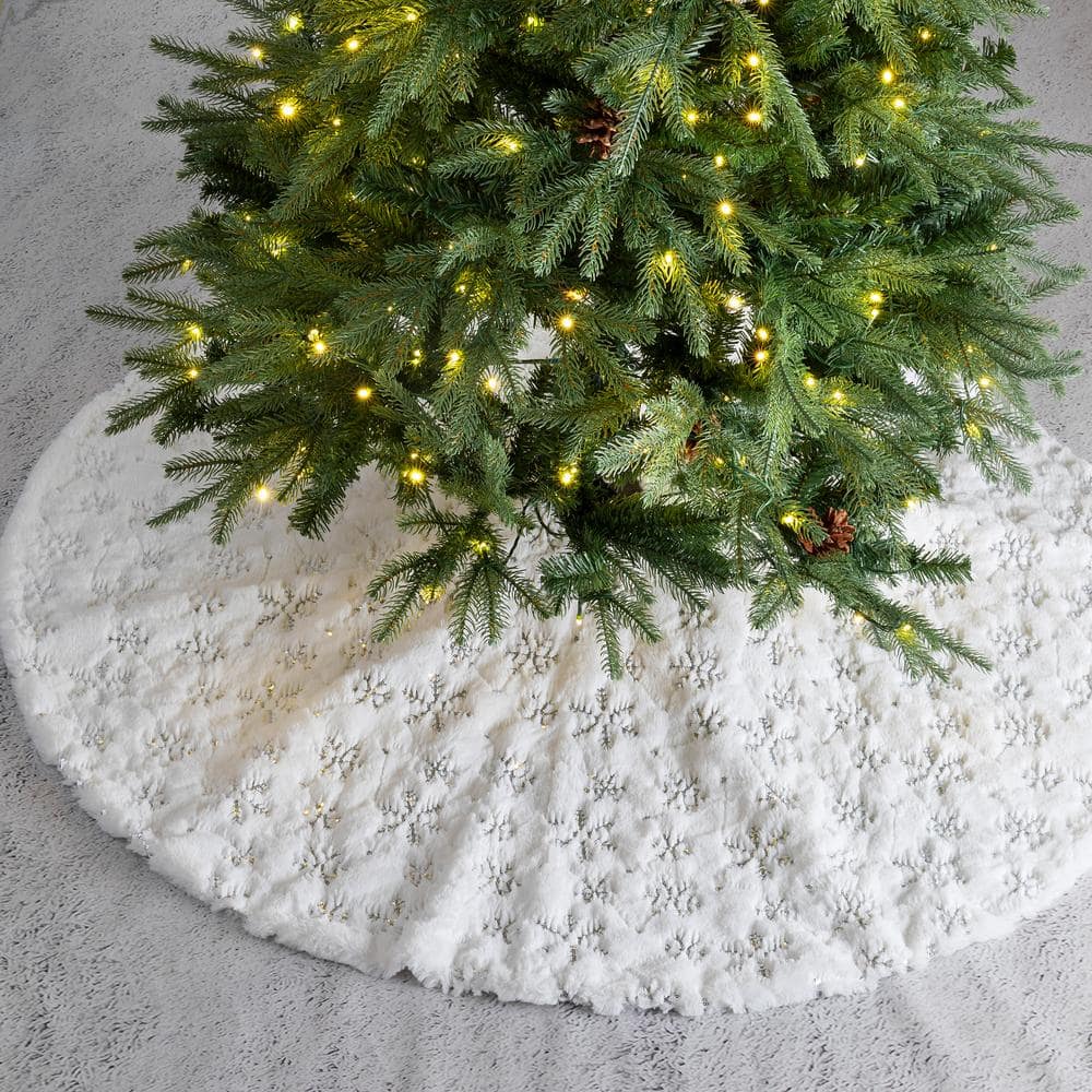White Faux Fur Snowflake Christmas Tree Skirt, 48 Inches