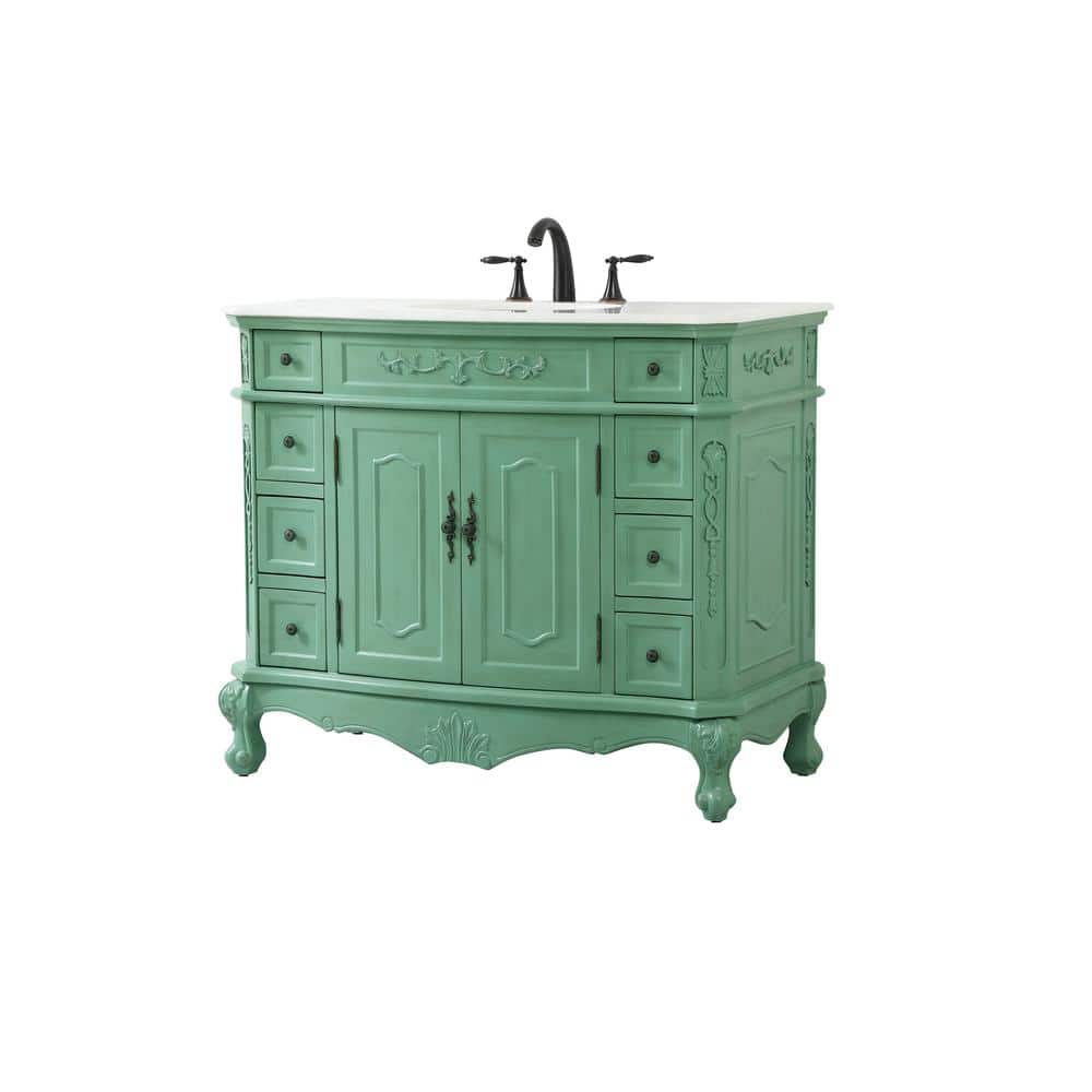Vintage Mint Solid Wood Single Bathroom Vanity with Marble Top