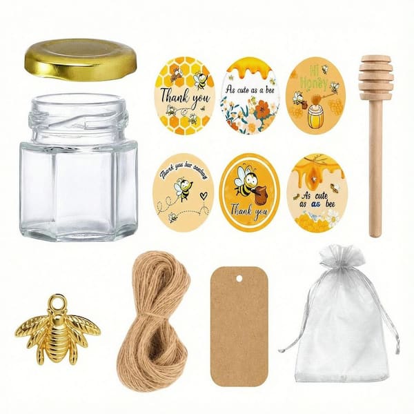 48-Pack 1.5 oz. Hexagon Glass Honey Jars with Dippers, Lids, Stickers, Bee Charms and Jute, Mini Party Favors in Bulk