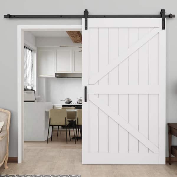 48 in. x 84 in. White Primed MDF K-Shape Interior Barn Door Slab With Hardware Kit and Soft Close