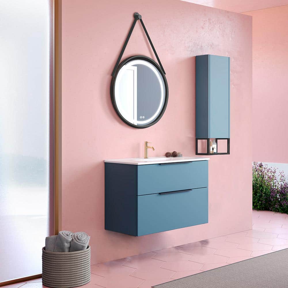 Island Matte Blue MDF Wall-Mounted Vanity with Ceramic Sink