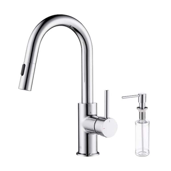Circular Single Handle Pull Down Kitchen and Bar Sink Faucet with Soap Dispenser-Chrome