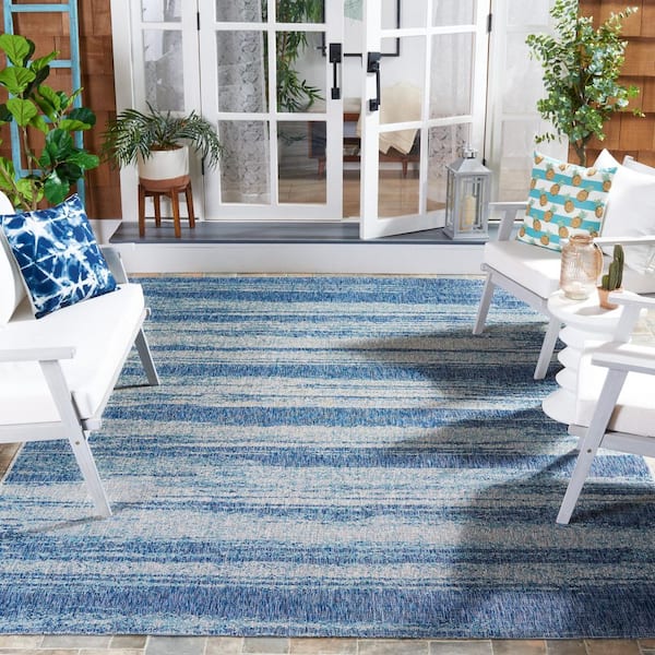 Courtyard Gray/Blue 8 ft. x 11 ft. Blurred Striped Indoor/Outdoor Area Rug